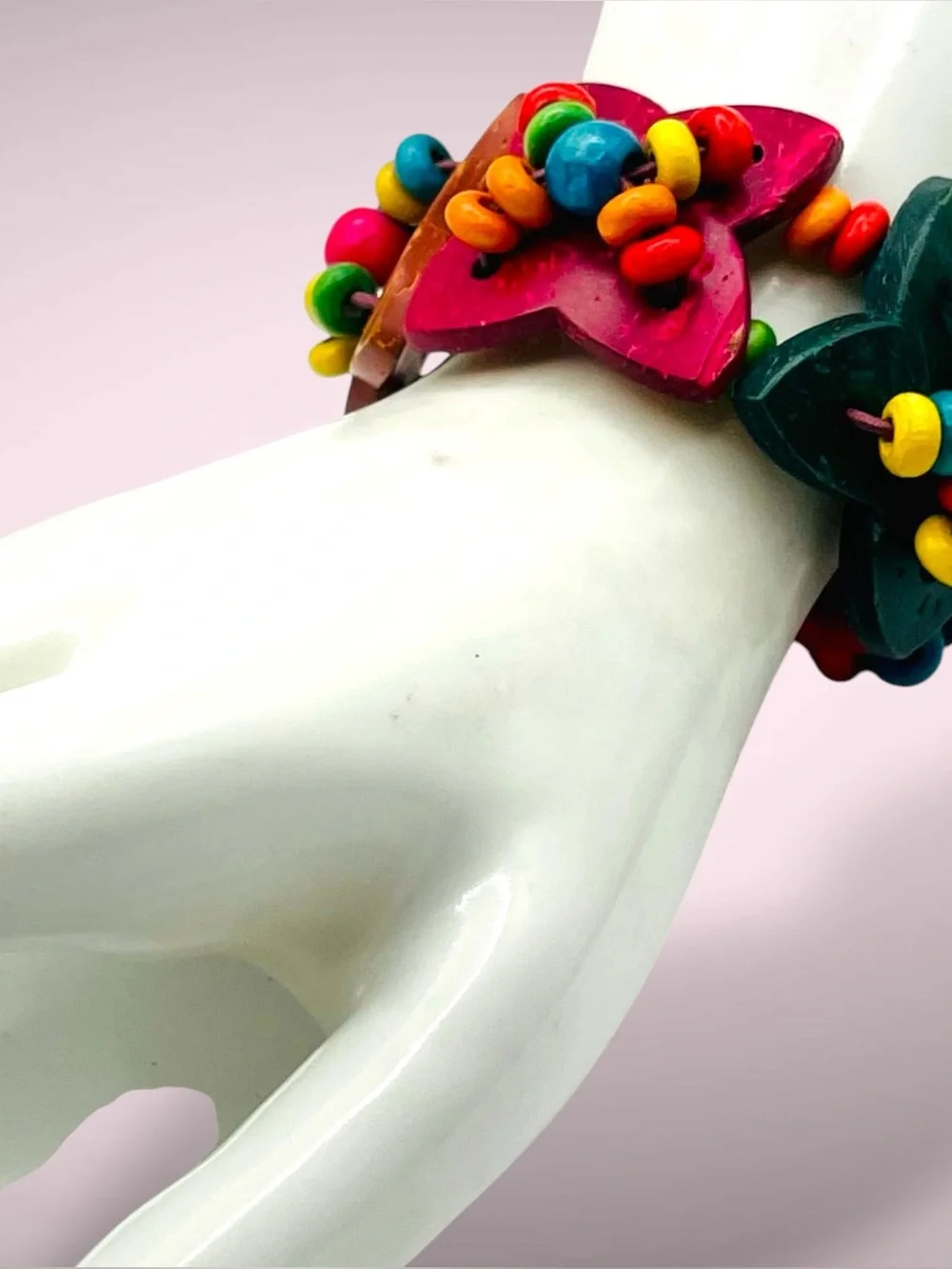 Chunky Boho Multicolor Wooden Flower Stretch Statement Bracelet